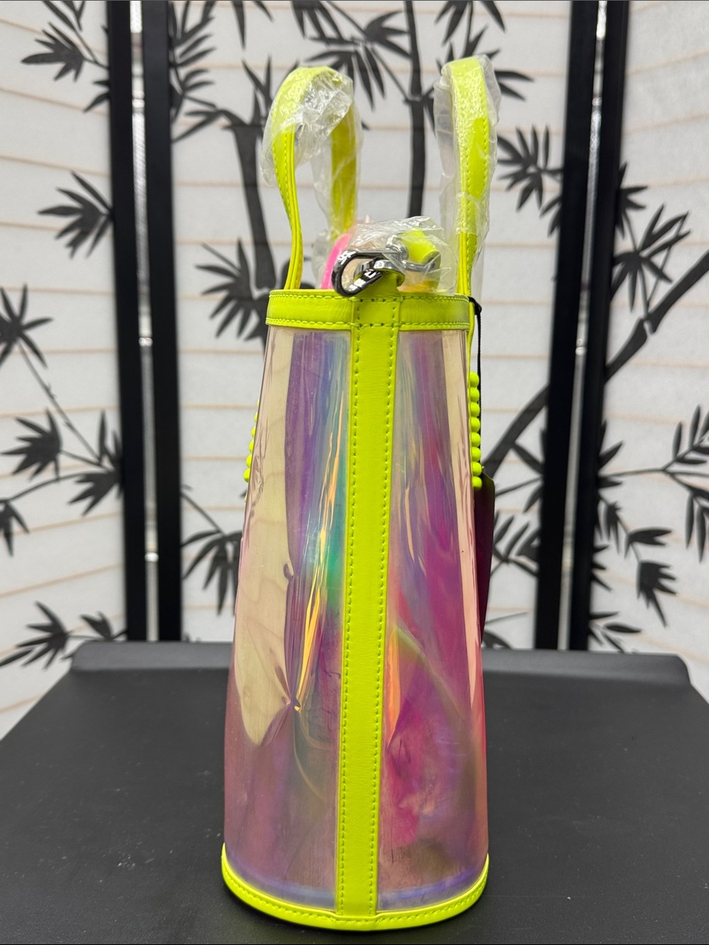 MCM Neon Yellow Iridescent Tote with Hot Pink Logo Wristlet - Picture 6 of 9